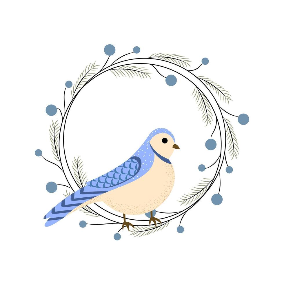 Winter bird in a Christmas wreath with branches and berries. Blue Jay. illustration vector