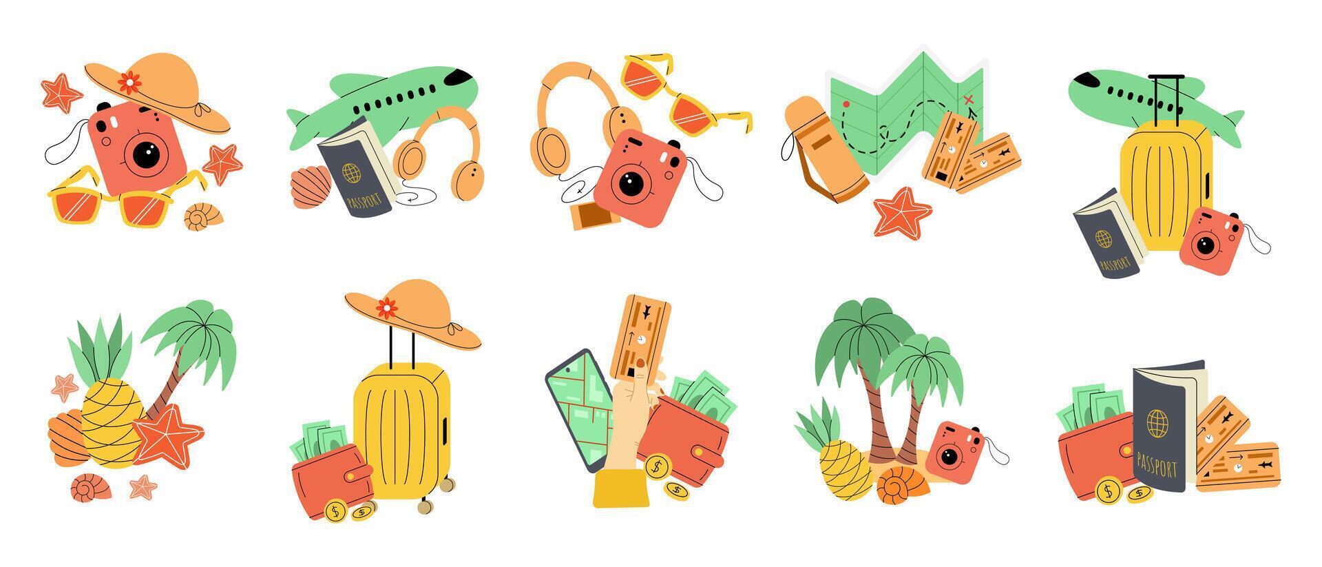 Set of travel, tourism, summer vacation elements. Map suitcase, passport, ticket, airplane. Flat illustration vector