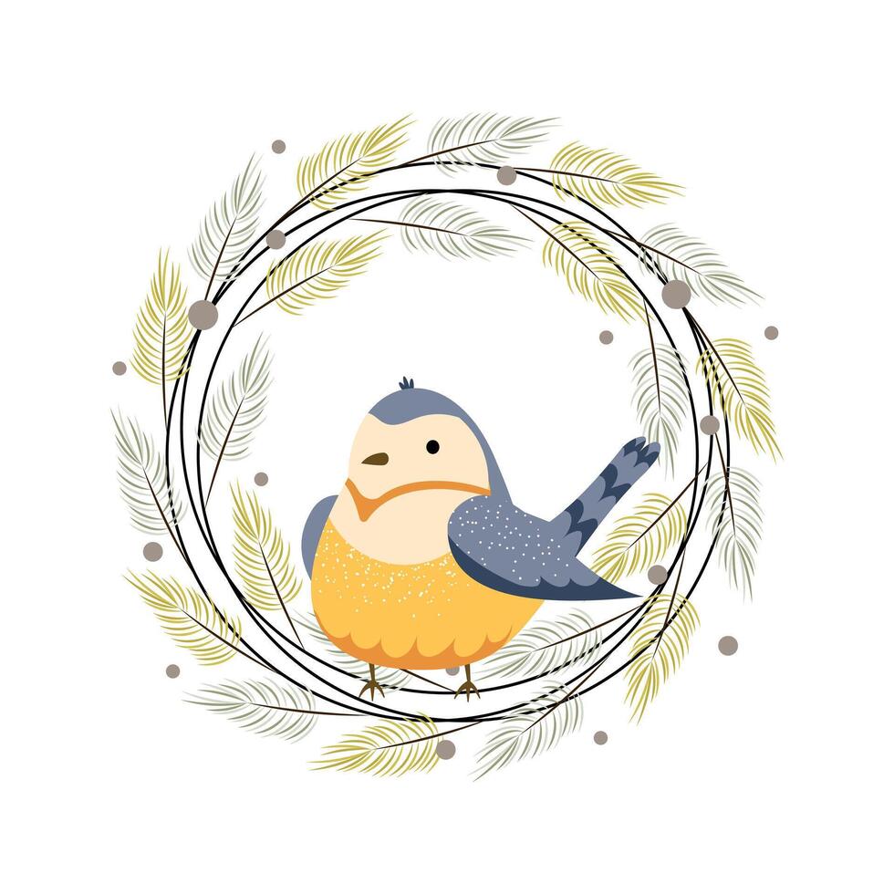 Winter bird in a Christmas wreath with branches and berries. Blue tit. illustration vector