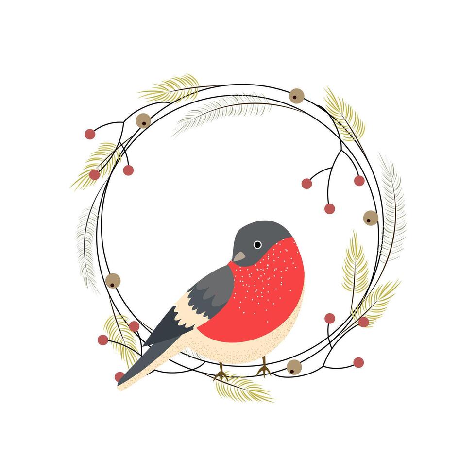 Winter bird in a Christmas wreath with branches and berries. Bullfinch. illustration vector