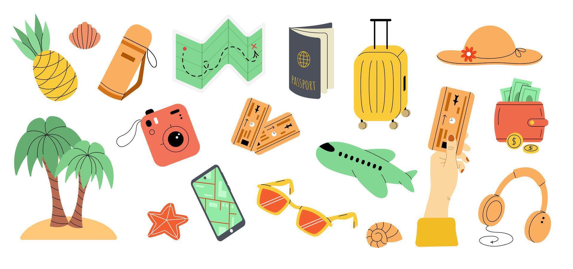 Set of travel elements. Tourism and summer vacation. Passport, airplane, ticket, suitcase, map, wallet, camera, palm tree. Flat illustration vector
