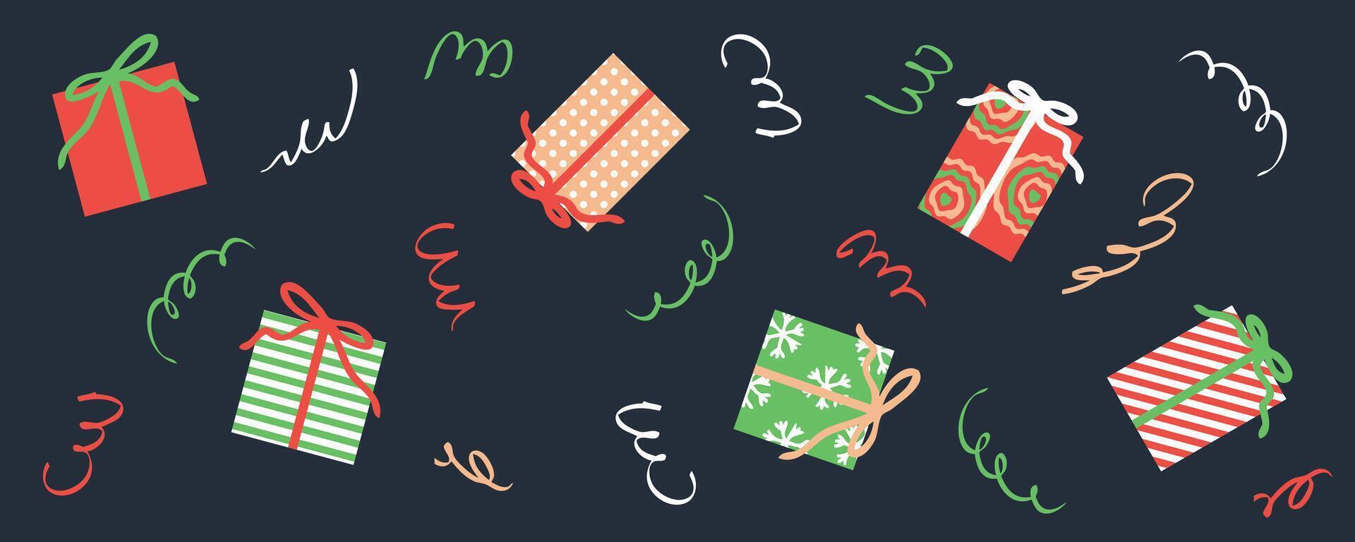 Merry Christmas horizontal banner template with gifts box and serpentine. Retro style celebration design for card, invitation, label, sale. Hand drawn illustration. vector