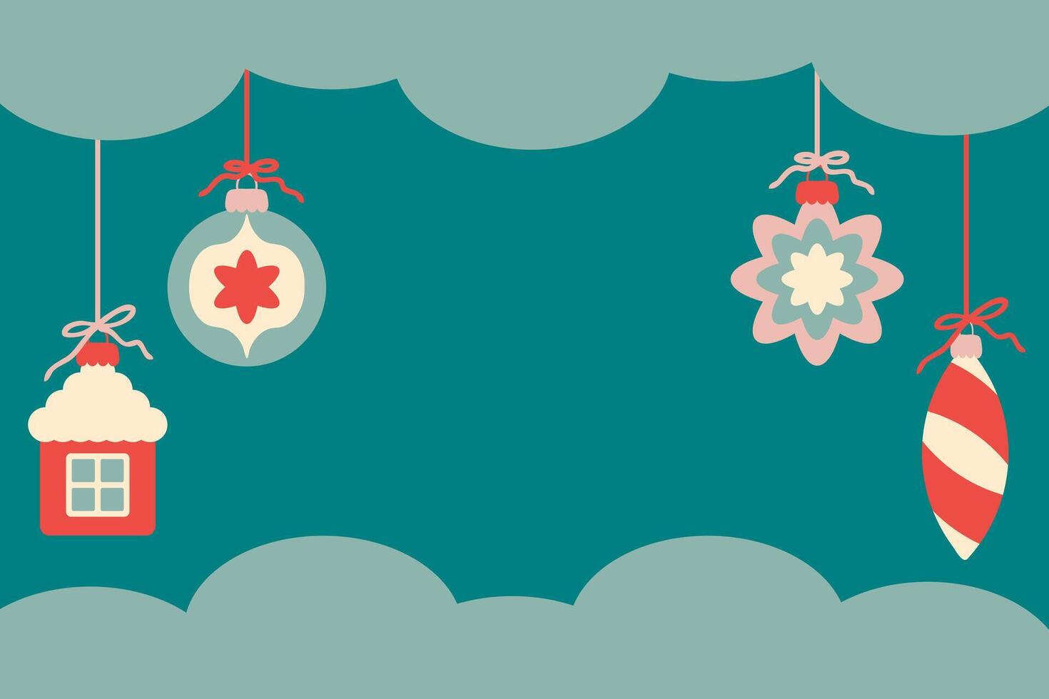 Happy New year 2025 xmas toys on the cloud sky background banner with empty copy space. Christmas design for card, invitation, label, sale. Hand drawn illustration. vector
