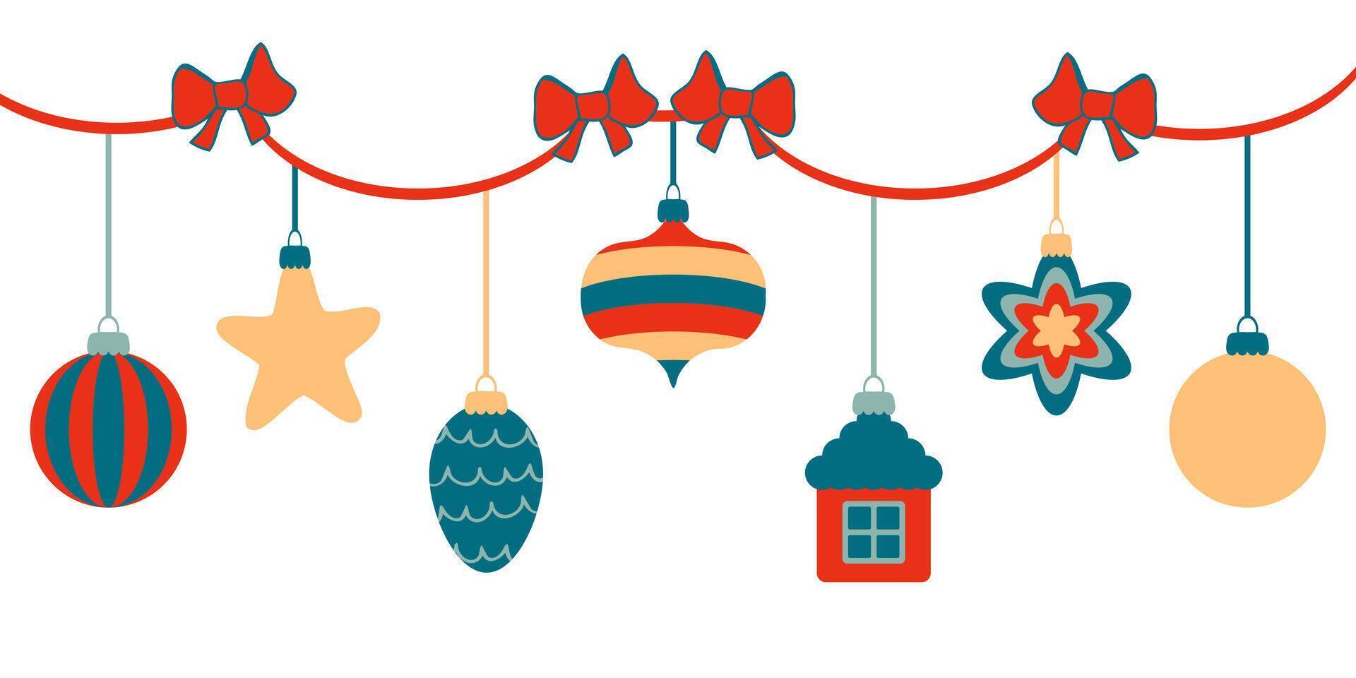 Retro style Christmas garland with ornaments and bows. Perfect for tee, banner, flyer, label, postcard, sale. Hand drawn isolated illustration. vector