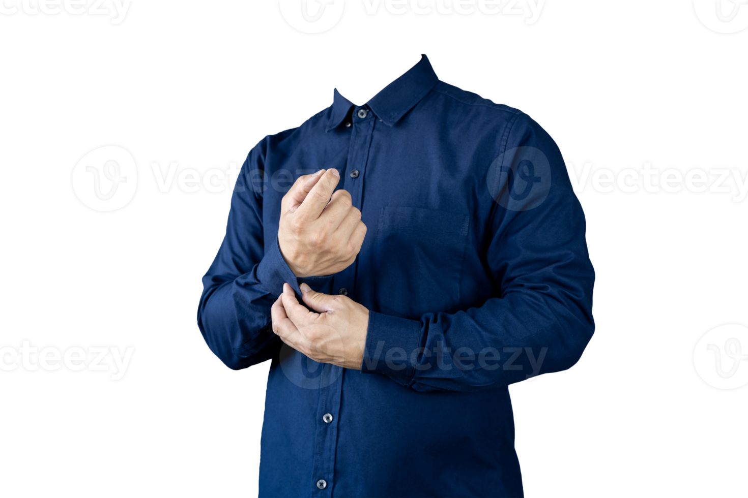 Photograph of a businessman dressed with the sleeves buttoned up on his blue shirt. Ready to go to work in formal clothes, without a head. png