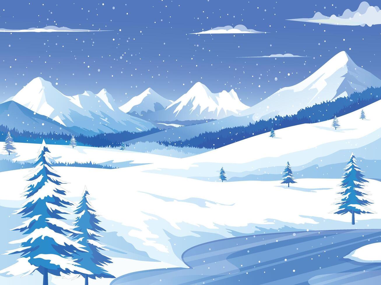 Winter Landscape with Mountains on the Background, Snowy Riverside Scenery vector