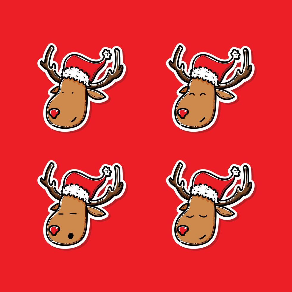 Set of cute reindeer head isolated on red background. Funny Simple illustration design for christmas vector