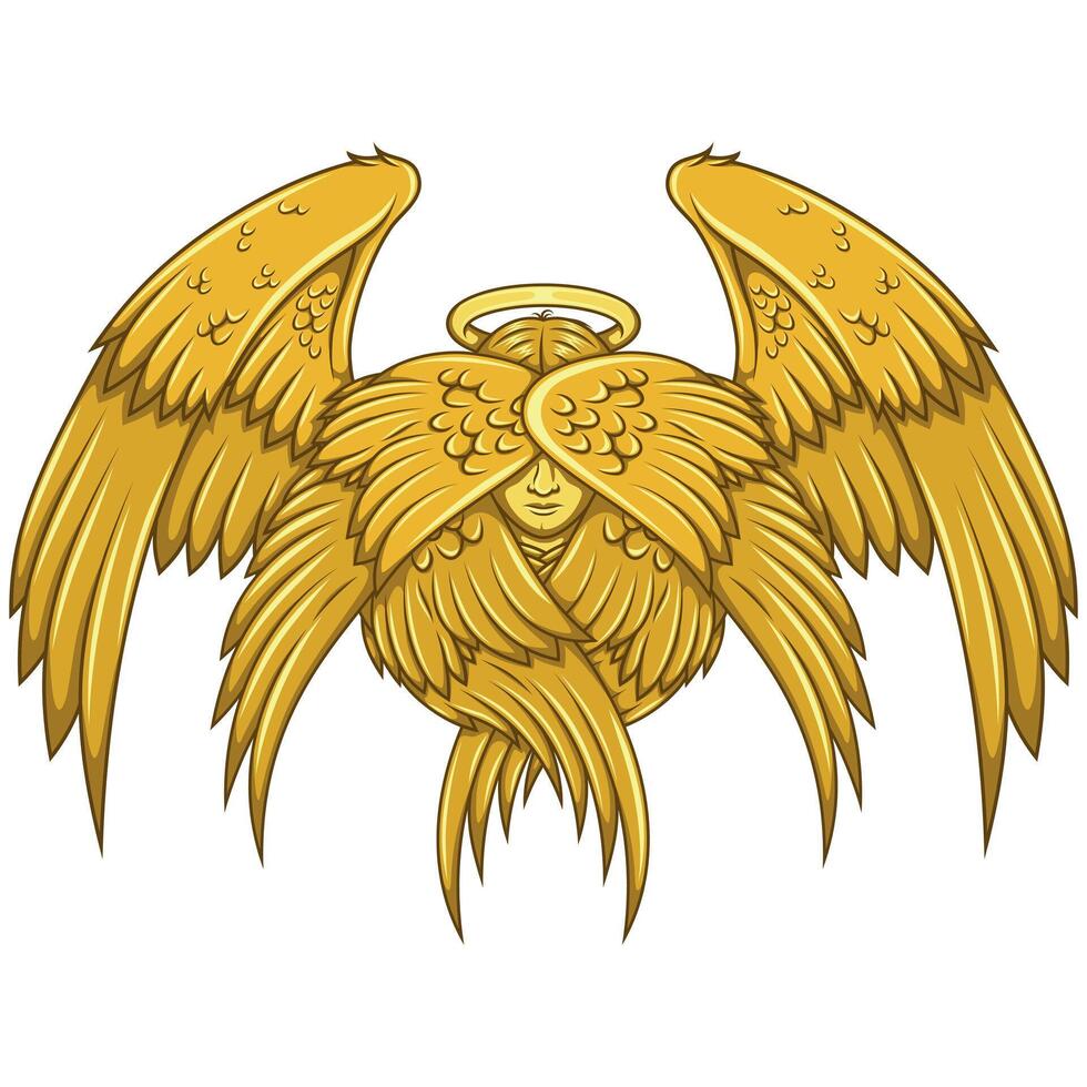 angelic face of the Catholic religion, archangel with halo and feathers vector