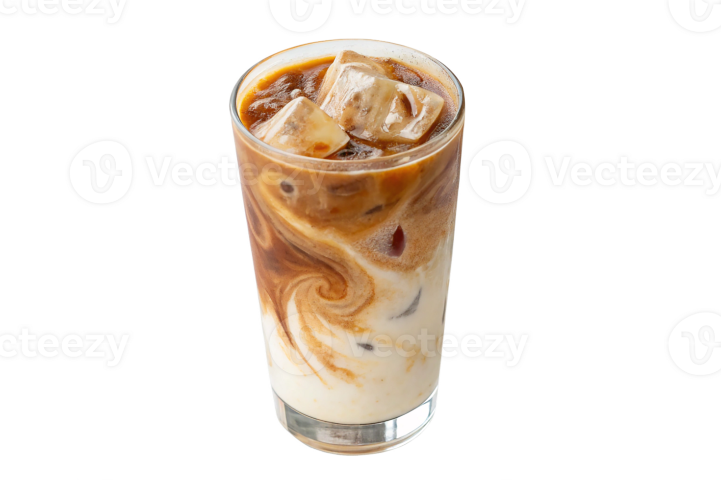 Close up of a refreshing iced coffee with creamy swirls in a clear glass png