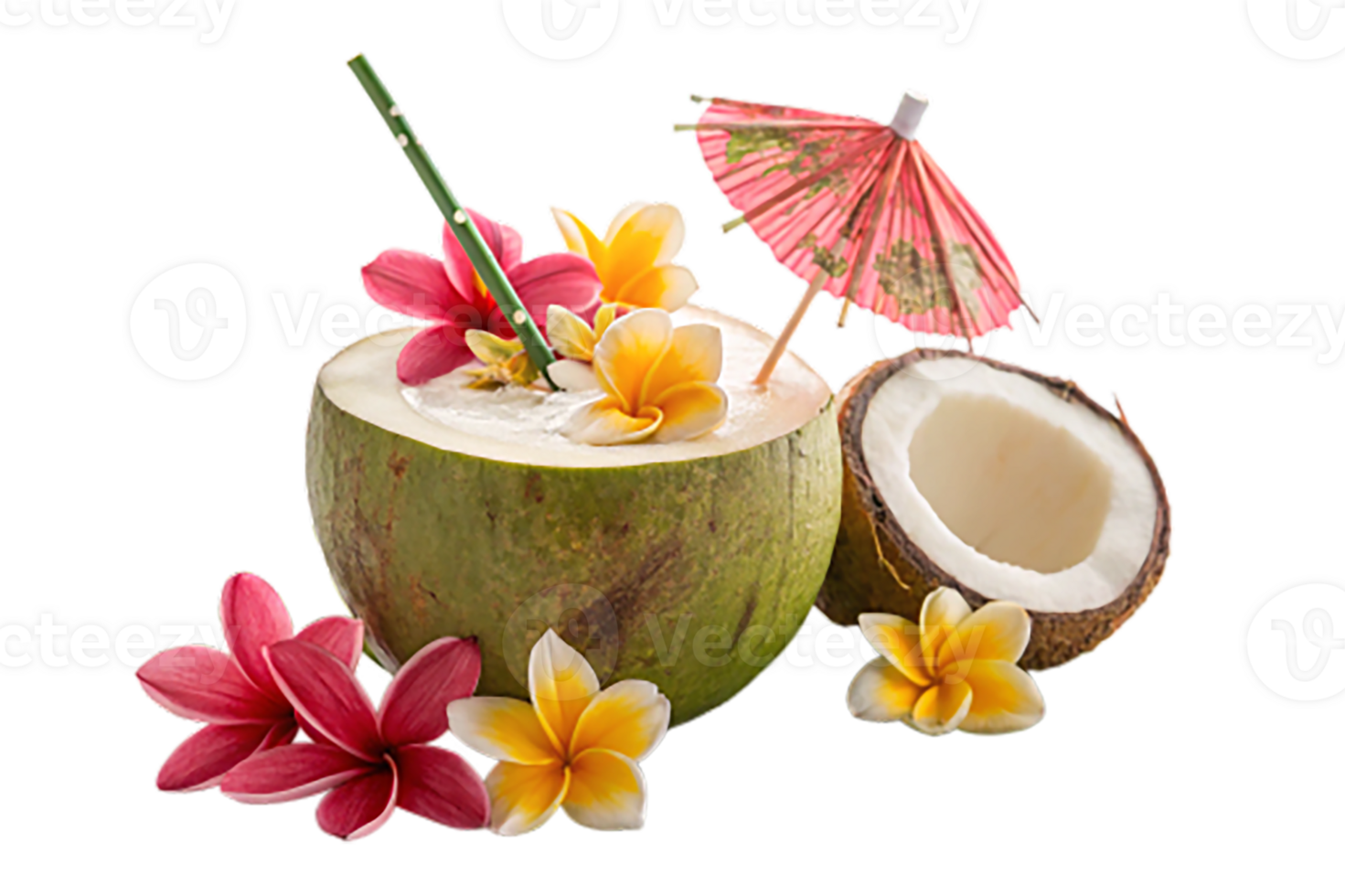 Tropical coconut cocktail with a straw and exotic flowers png