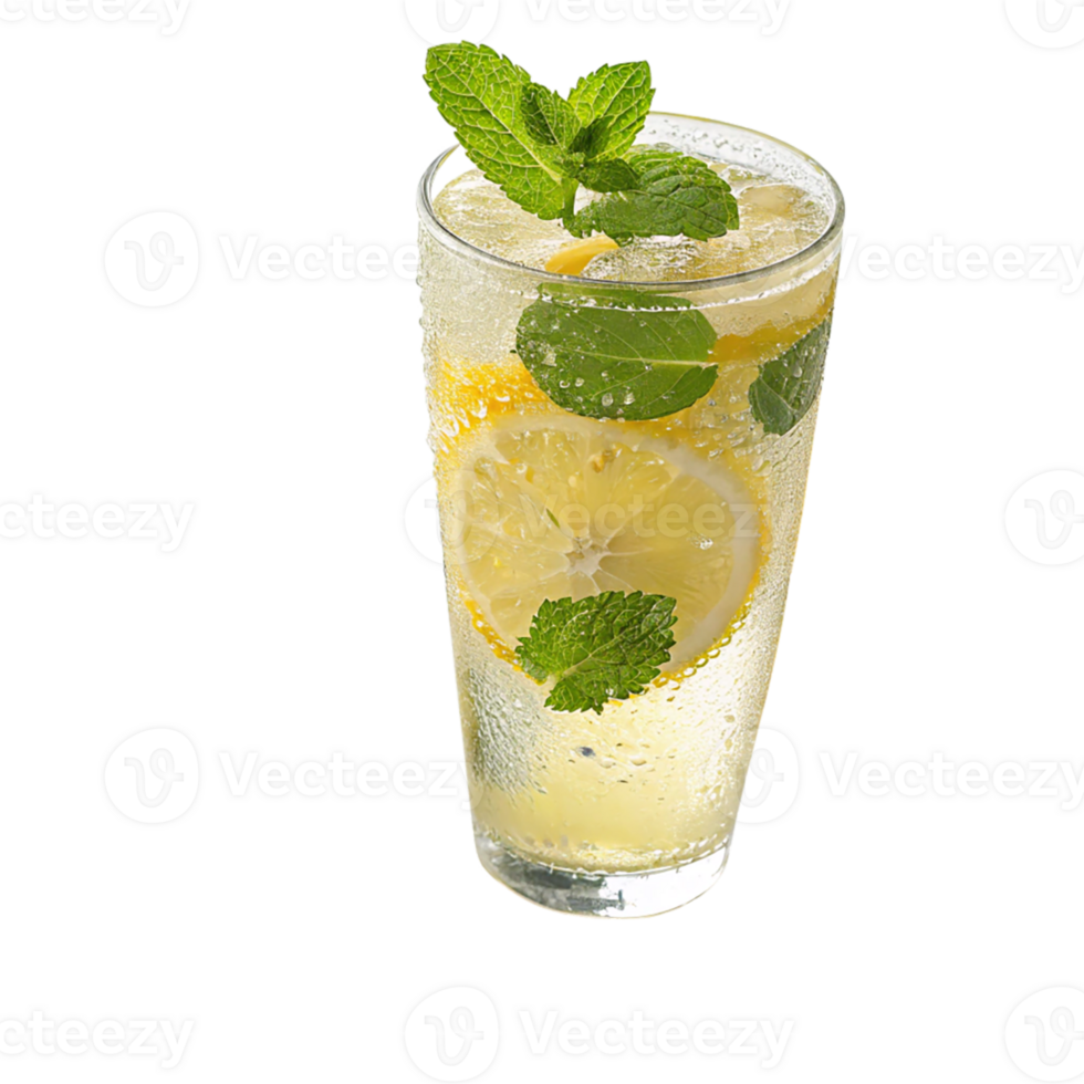Refreshing glass of lemonade with fresh mint and lemon slices and mint leaves, condensation on the glass png