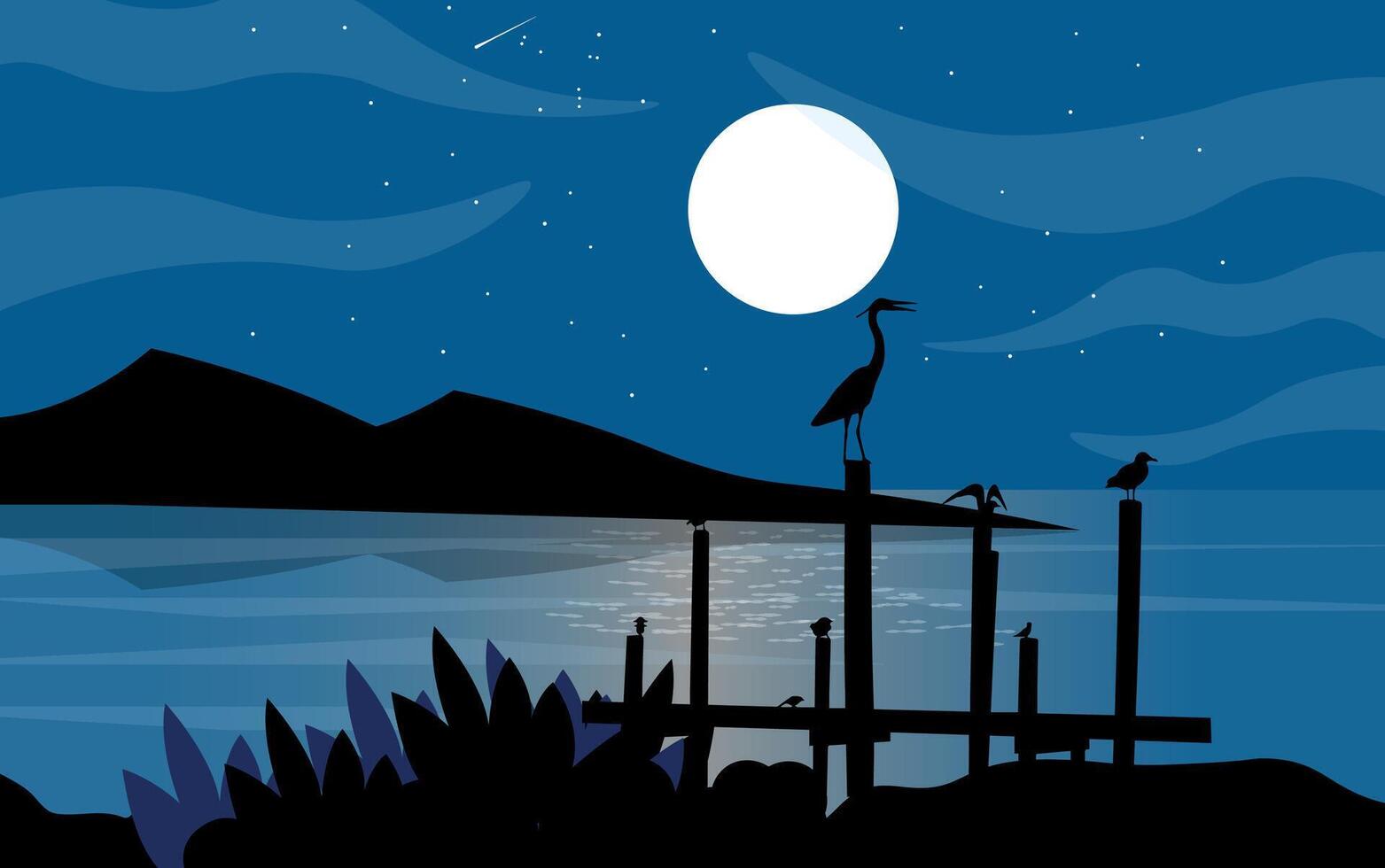 Silhouettes of birds under a moonlit night vector
