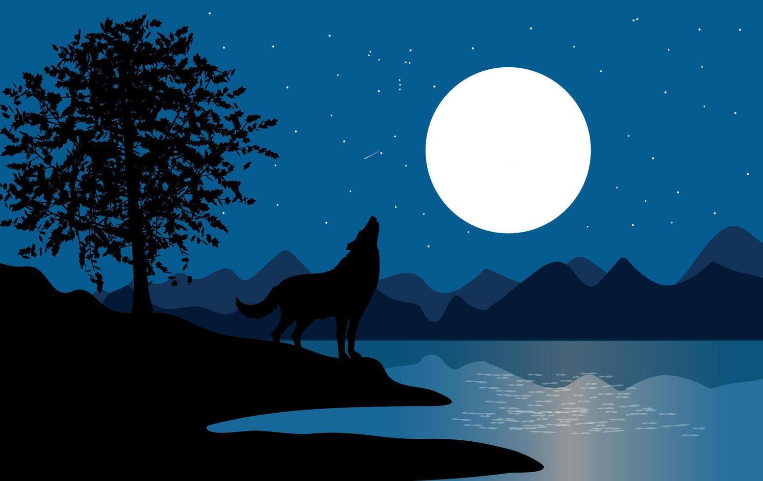A Wolf Howling at the Full Moon by the Lake vector