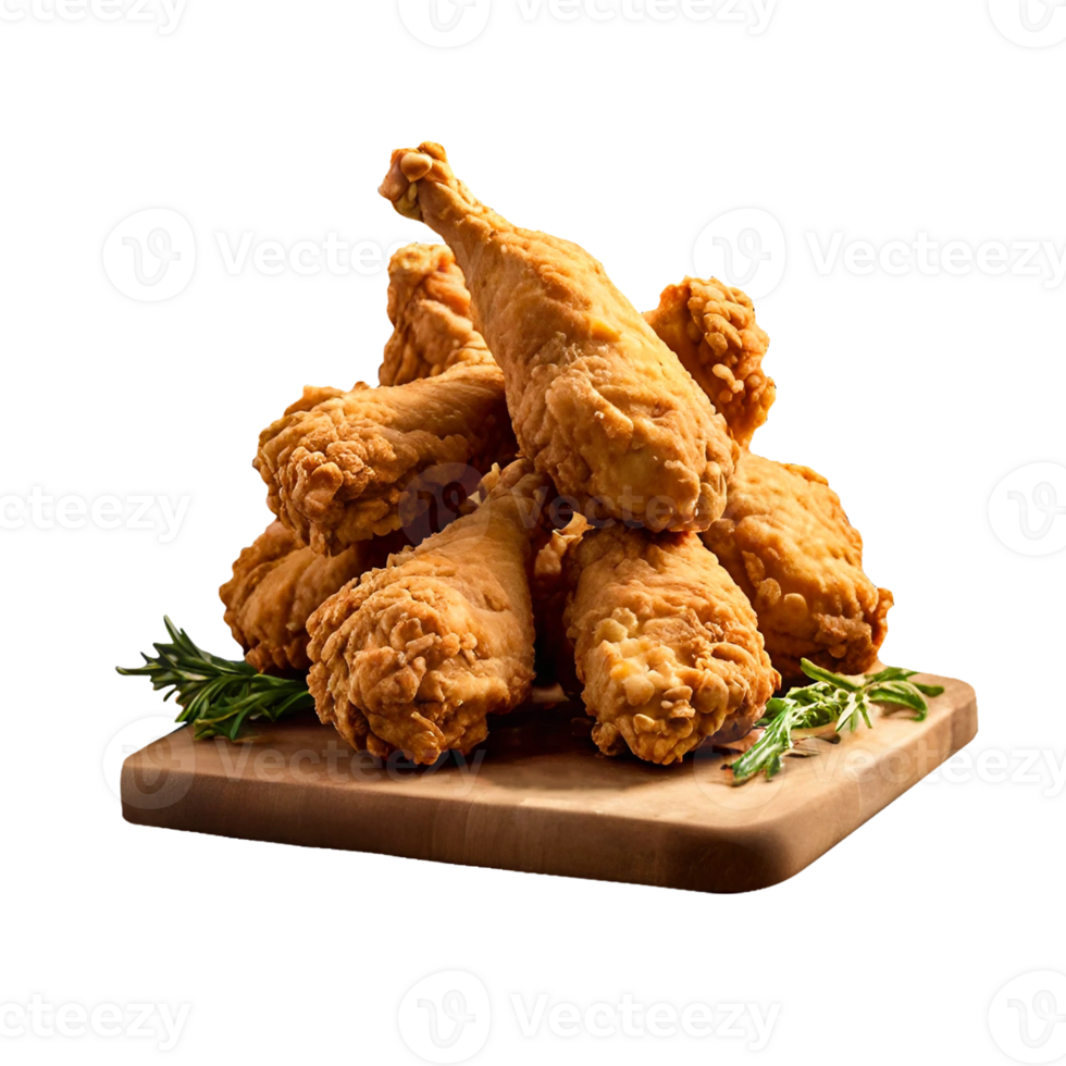 Stack of fried spicy chicken legs in golden crispy crust lies on wooden cutting board png