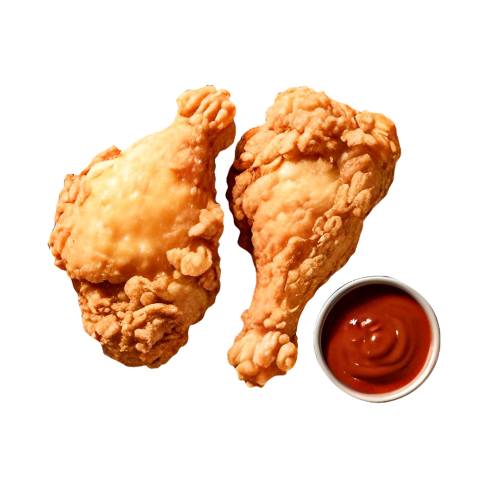 Two fried chicken legs in a golden crispy crust, next to tomato sauce png
