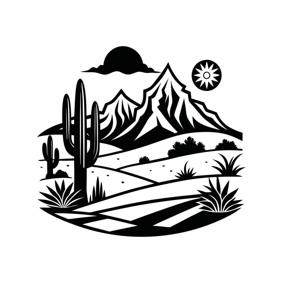 Black and White Desert Scene Clipart Illustration vector