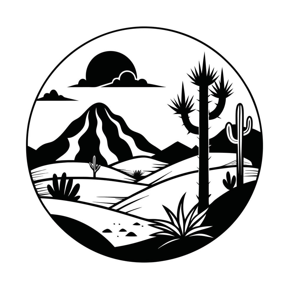 Minimalist Desert Scene Clipart in Black and White vector