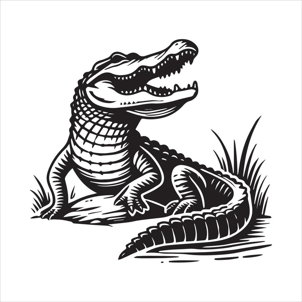 Chic Alligator Black and White Silhouette vector