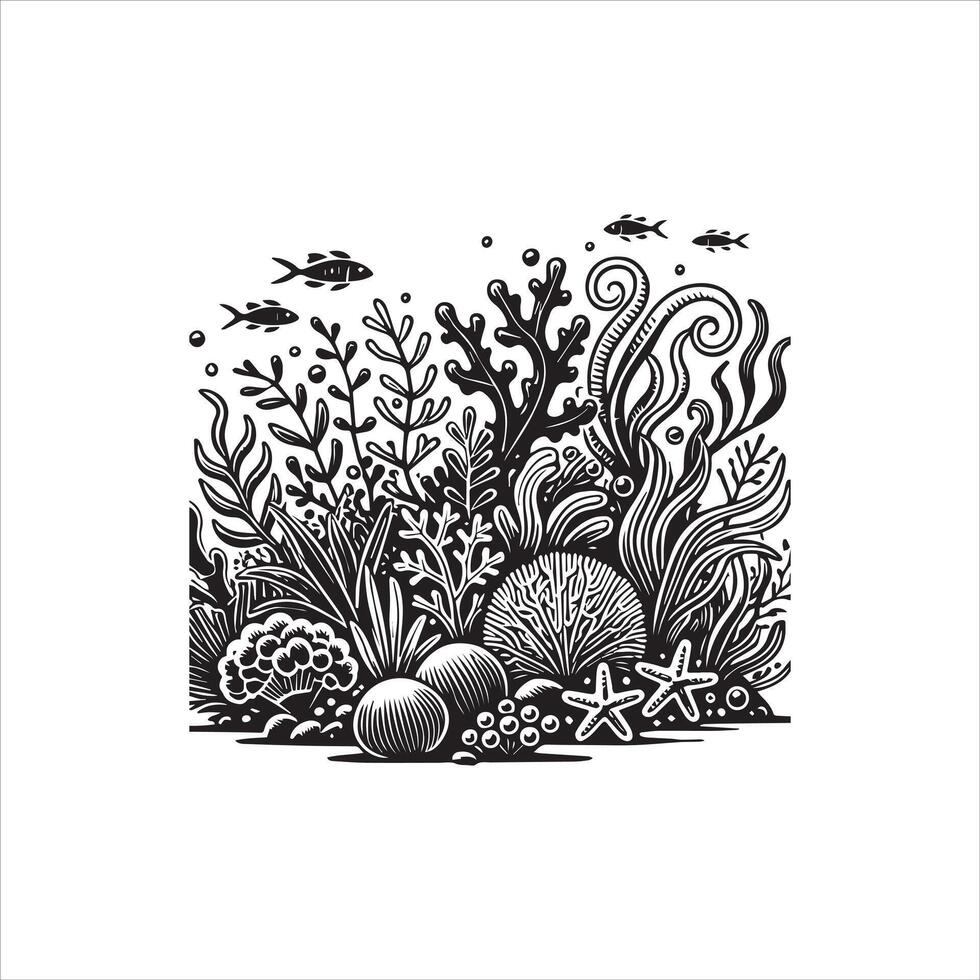 Underwater Ecosystem ClipArt in Monochrome Marine Life Art vector