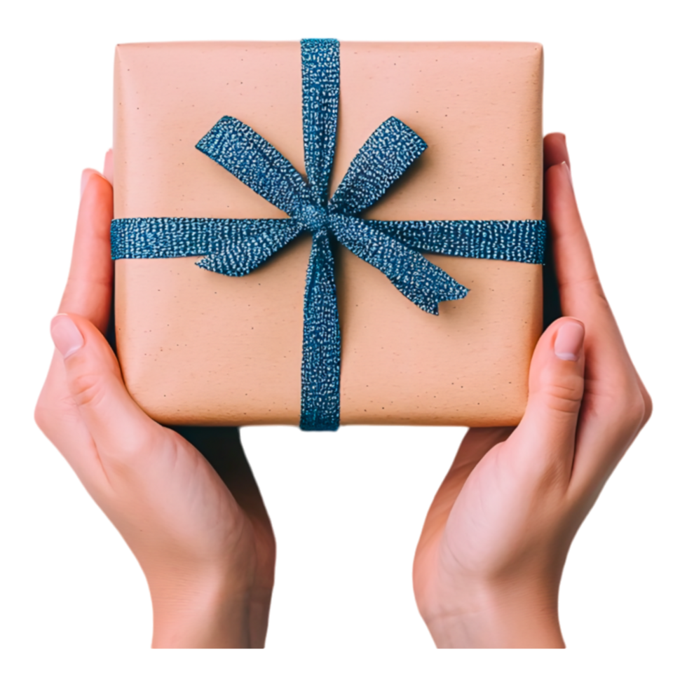Hands Holding a Wrapped Gift Box with Ribbon png