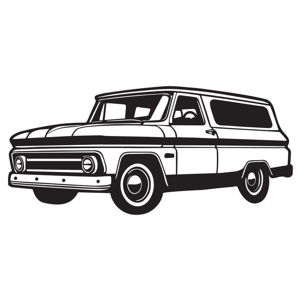 Retro Pickup Truck Drawing Black and White Silhouette Clipart Design vector