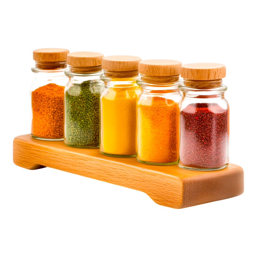 Colorful Spice Jars on Wooden Rack png