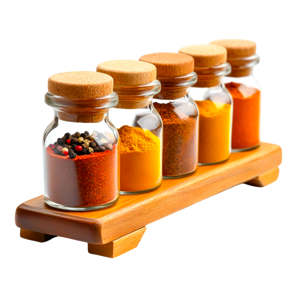 Colorful Spices in Glass Jars on Wooden Holder png
