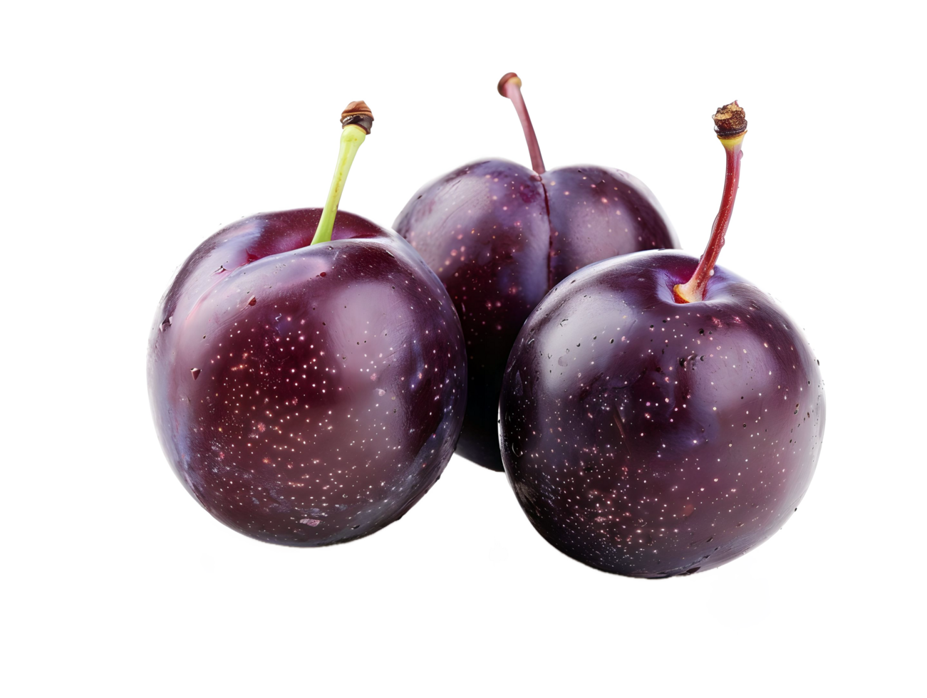 Fresh dark purple plums with stems isolated on transparent background png