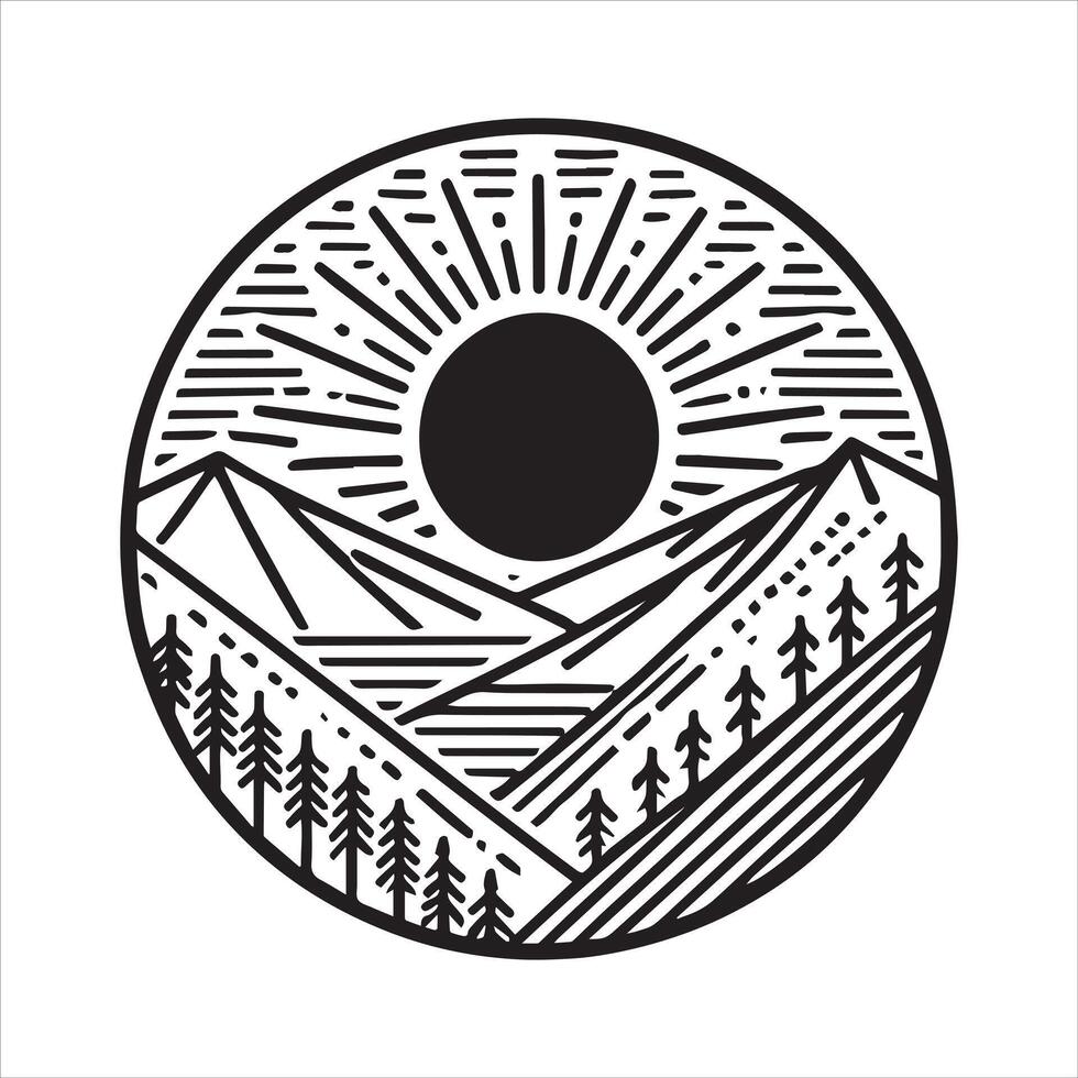 Circle Geometric mountain scene illustration in black and white vector