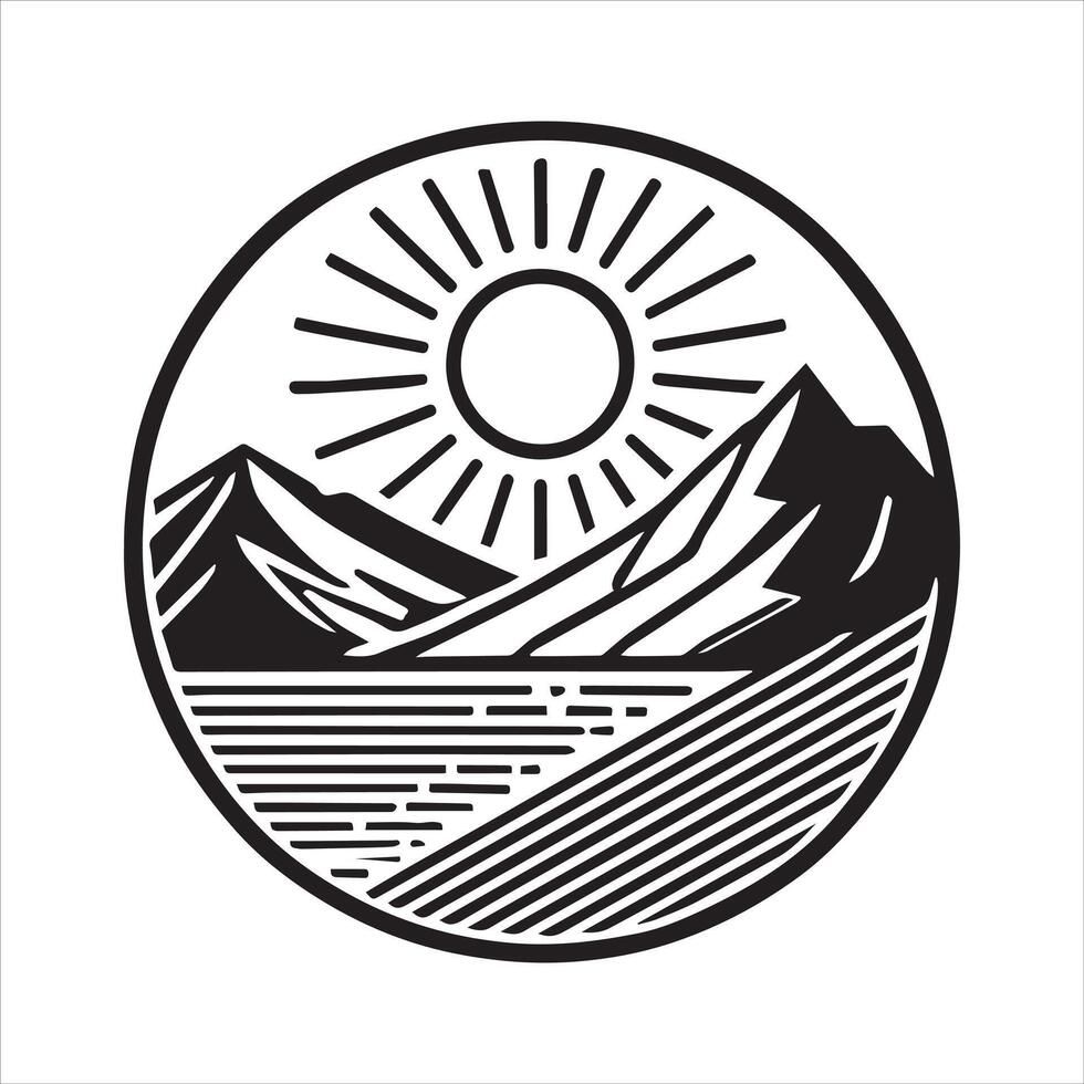 Geometric mountain scene With Sun illustration in black and white vector