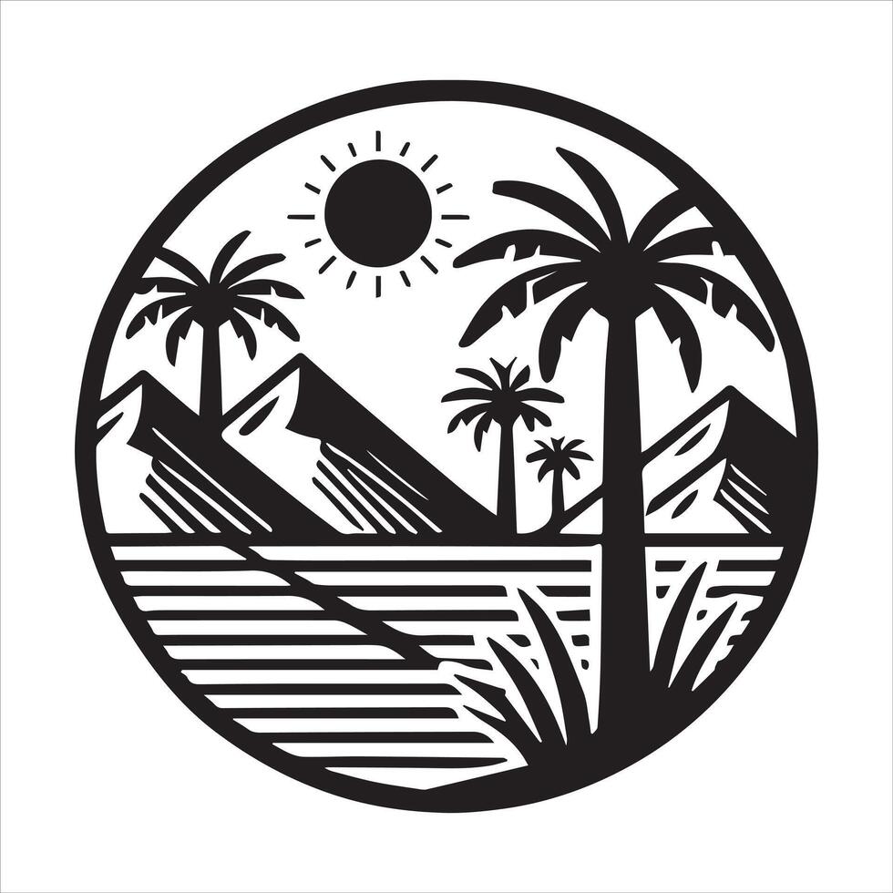 Geometric mountain scene With Sun illustration in black and white vector