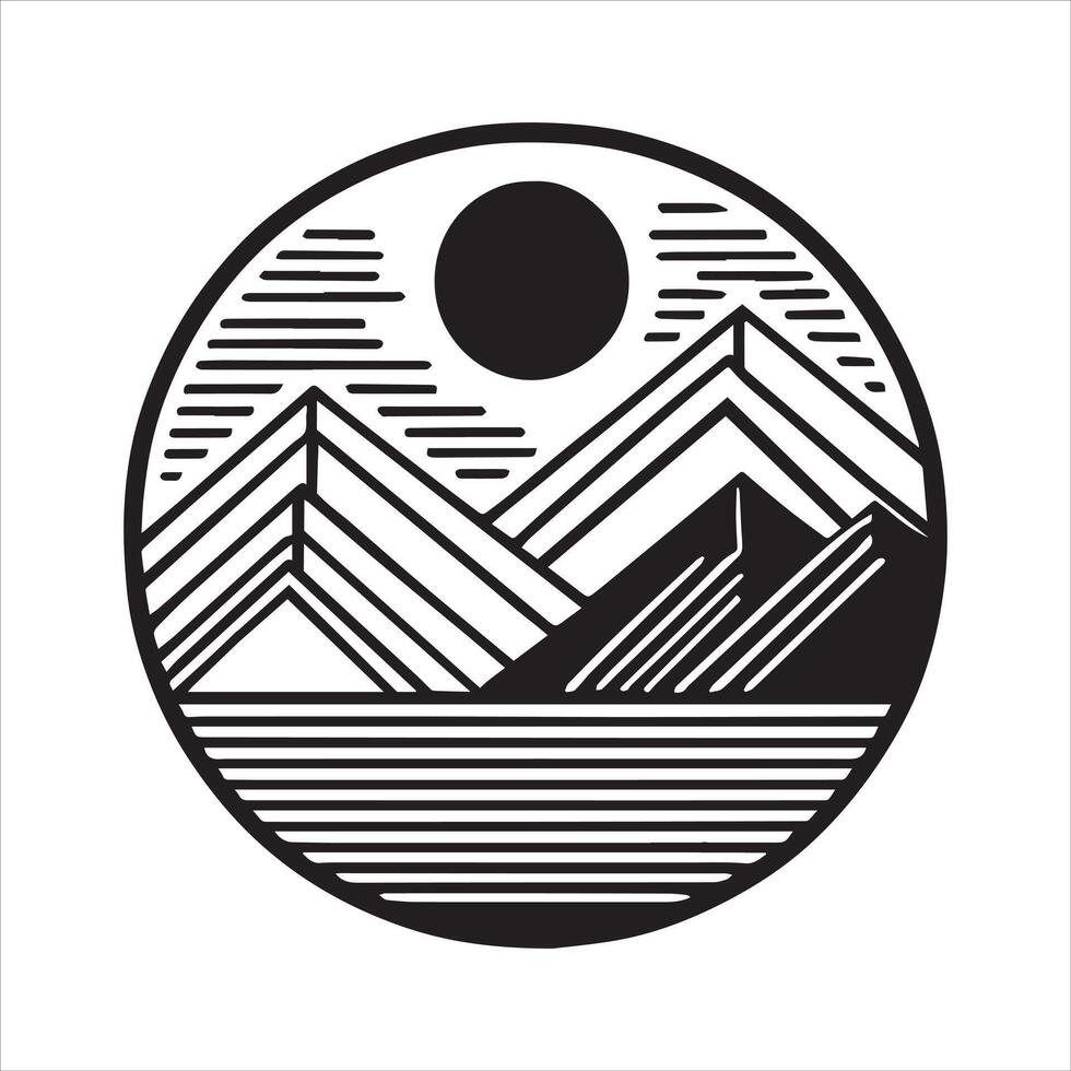 Geometric Mountain ClipArt Design - Geometric mountain scene illustration in black and white vector