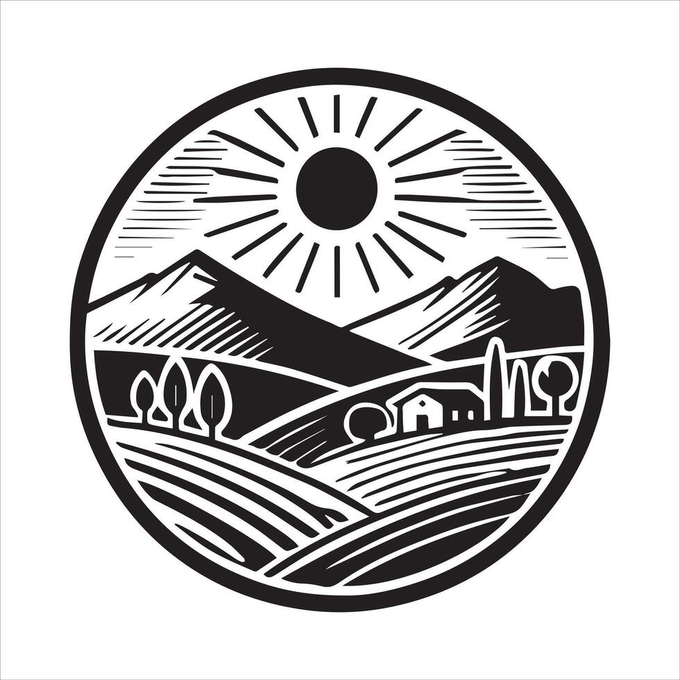 Geometric Mountain ClipArt Design - Geometric mountain scene illustration in black and white vector