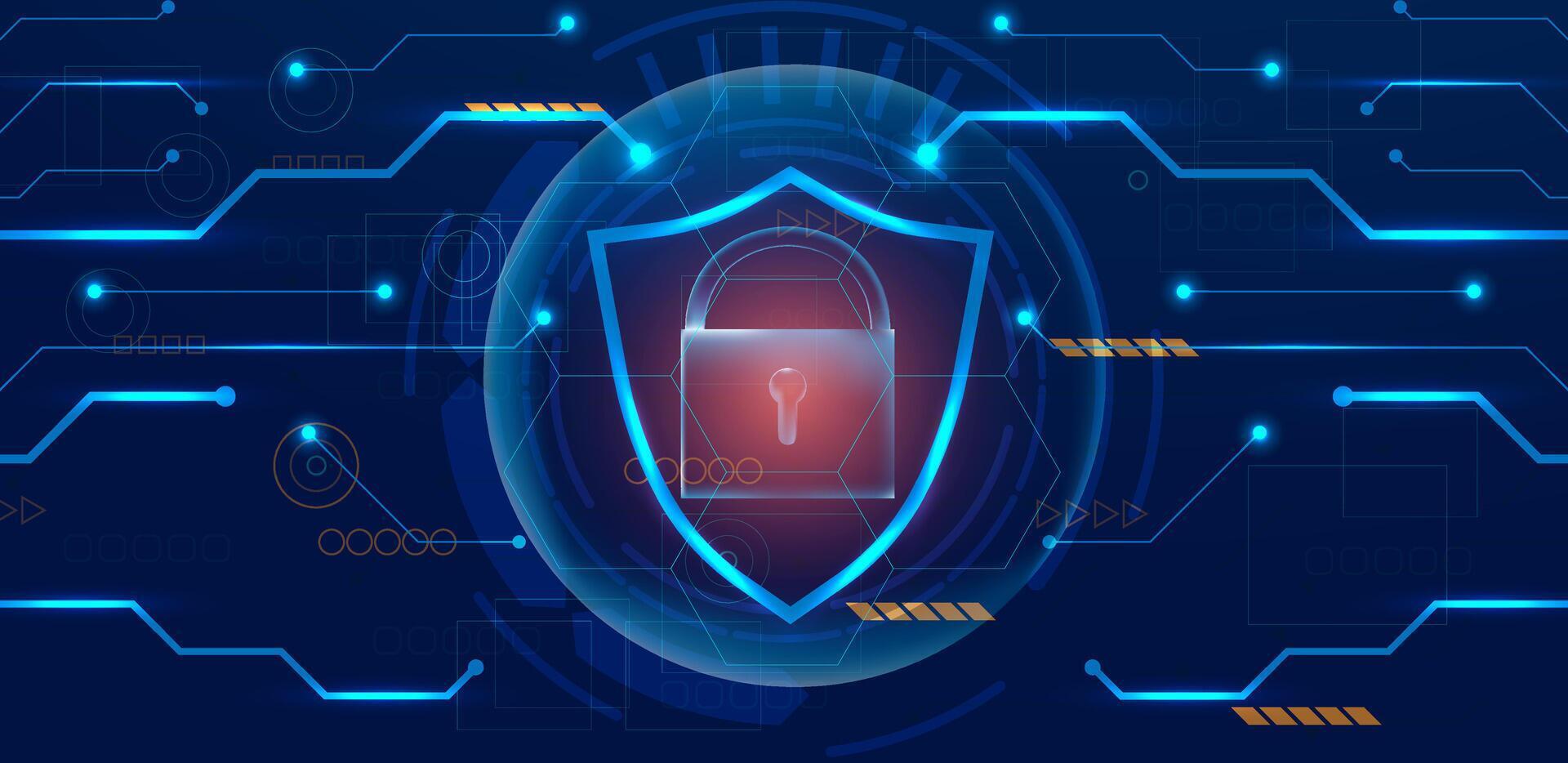 Cyber security attach concept. Data protection with shield and lock background editable vector