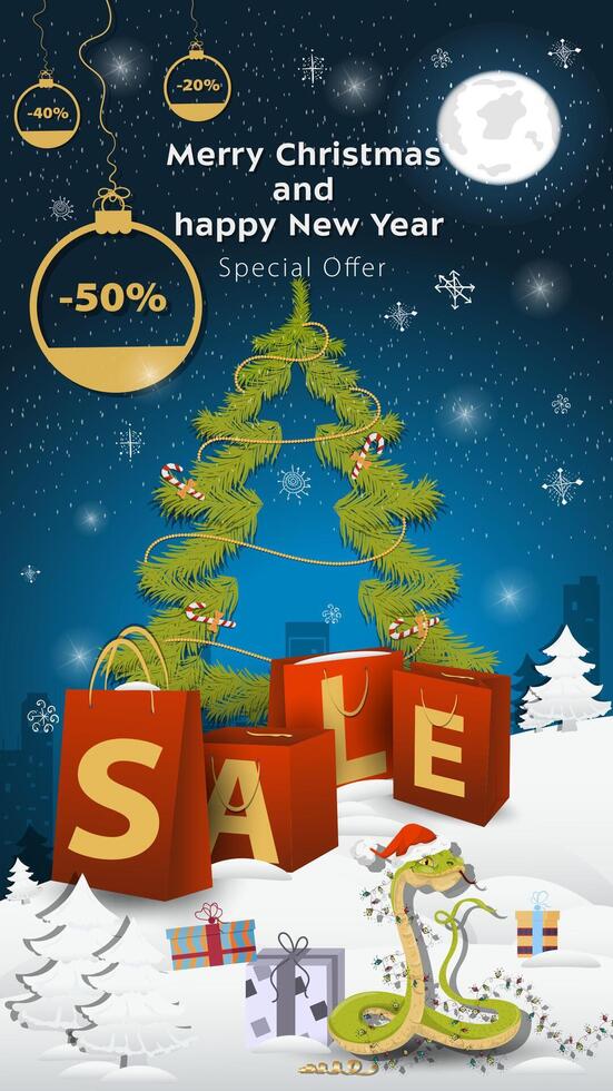 Special offer Sale inscription in the form of large packages standing in a snowy clearing A snake in a Santa hat wrapped in a garland vector