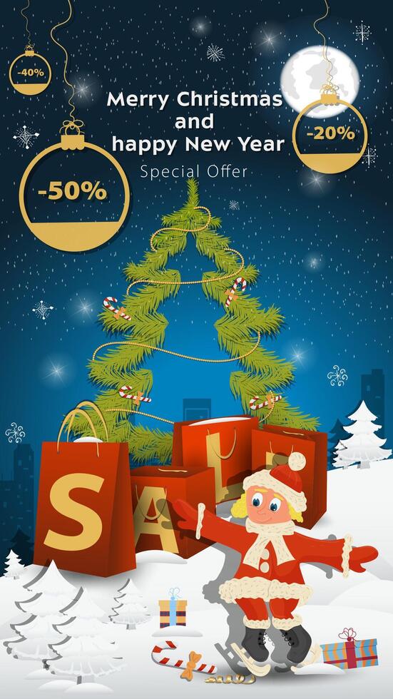Special offer Sale inscription in the form of large packages standing in a snowy clearing A girl in a Santa Claus costume on skates vector