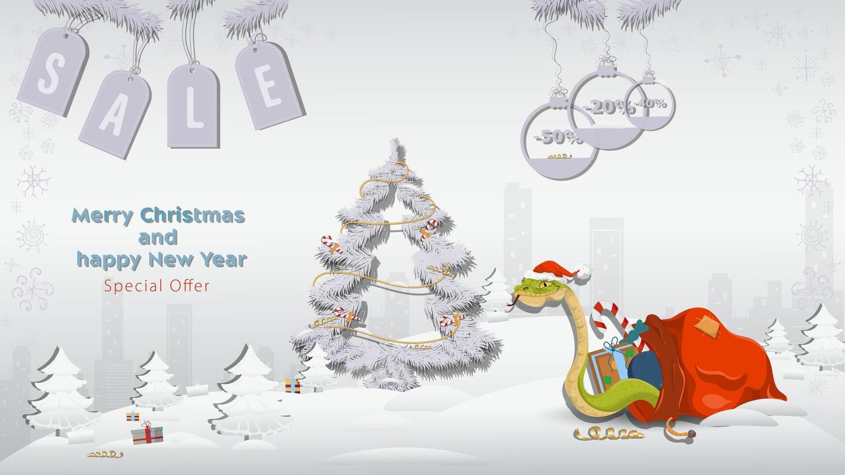 Special Offer Christmas and New Years Sale A snake in a Santa Claus hat crawls out of a gift bag next to a fir tree in a winter snowy forest vector