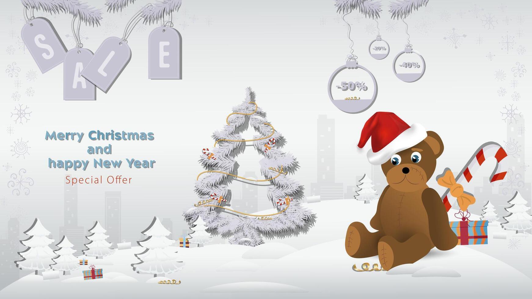 Special Offer Christmas and New Years Sale a bear toy in a Santa Claus hat next to a fir tree in a winter snowy forest vector
