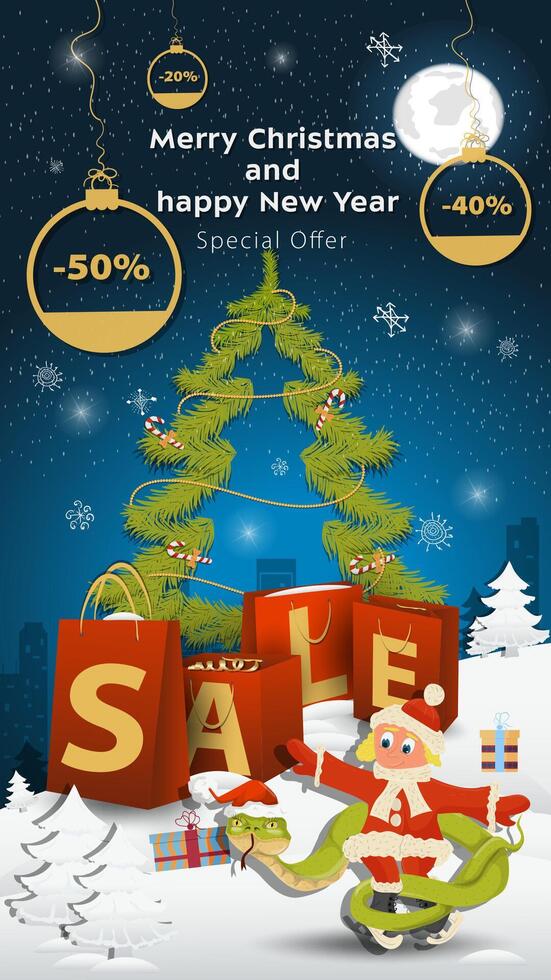 Special offer Sale inscription in the form of large packages standing in a snowy clearing A snake in a Santa Claus hat wraps around a girl on skates vector