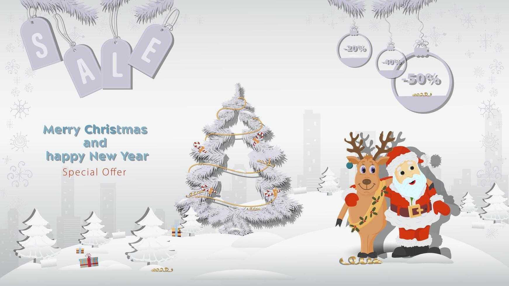 Special Offer Christmas and New Years Sale Santa Clauss reindeer hugging next to a fir tree in a winter snowy forest vector
