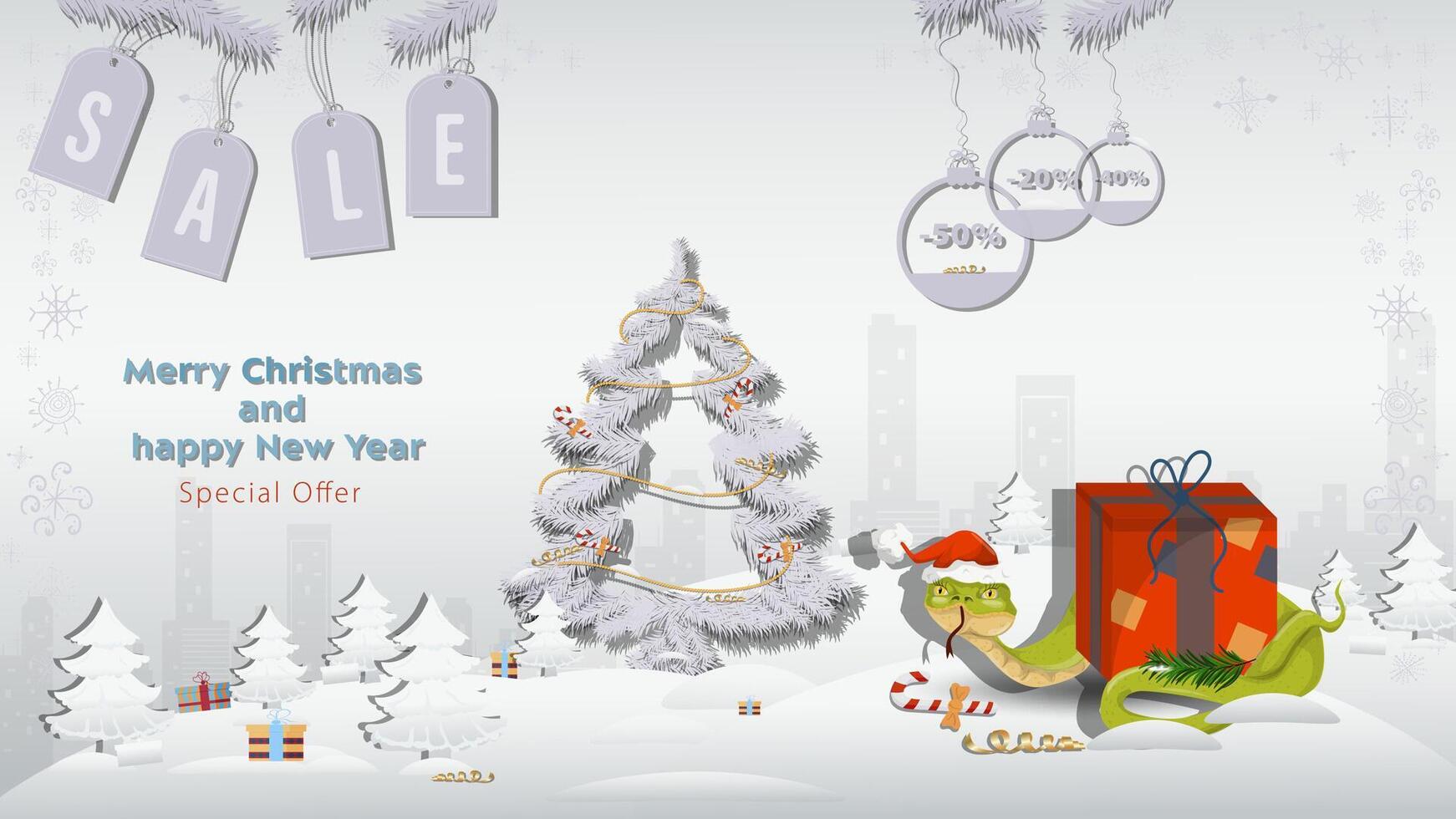 Special Offer Christmas and New Years Sale A snake in a Santa Claus hat wraps around a gift box with a fir tree in a winter snowy forest vector