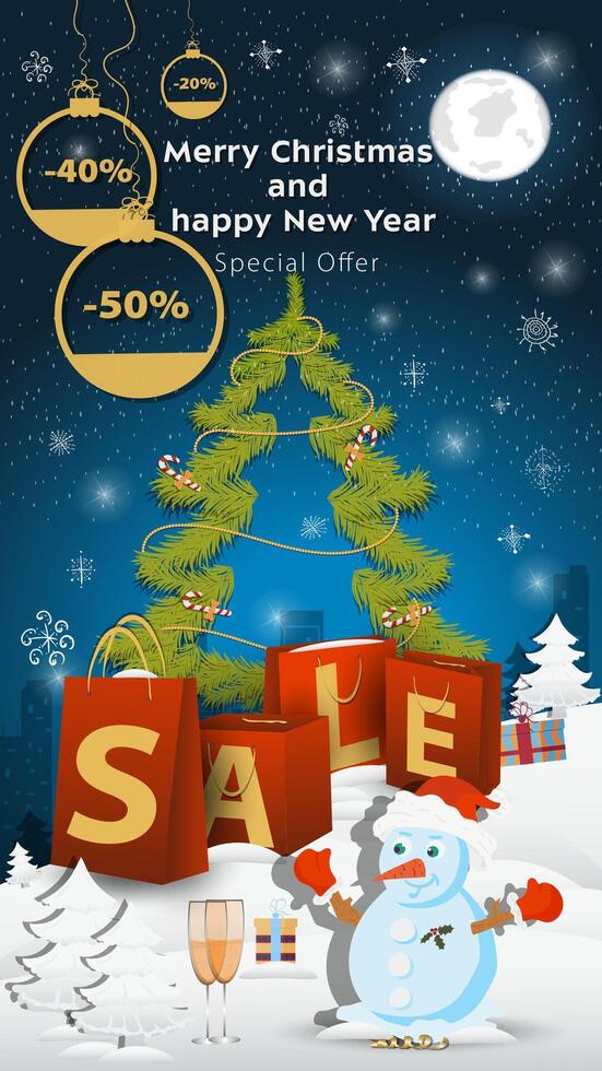 Special offer Sale inscription in the form of large packages standing in a snowy clearing A snowman in a Santa Claus hat vector