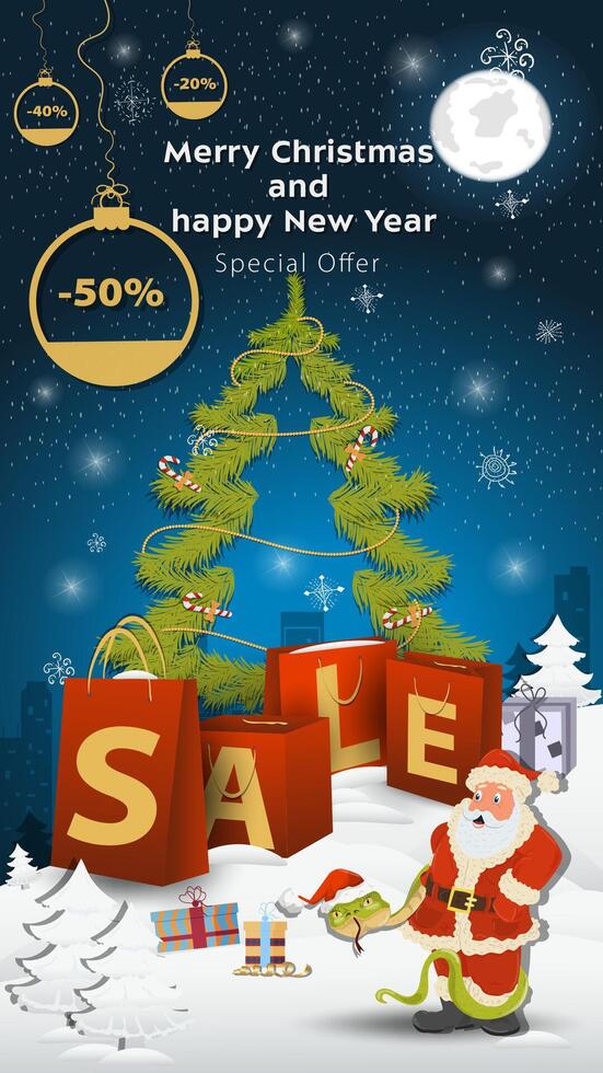 Special offer Sale inscription in the form of large packages standing in a snowy clearing A snake in a Santa hat wraps around Santa Claus vector