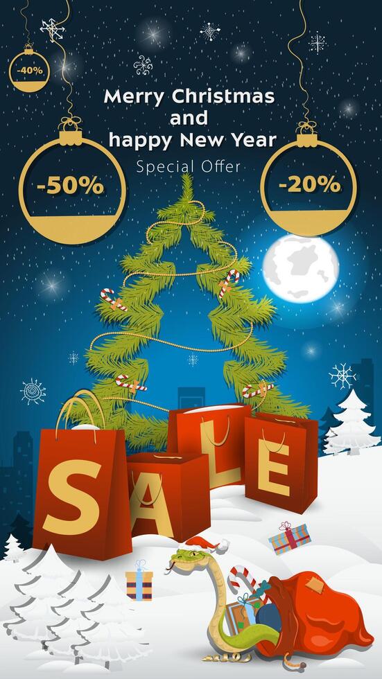 Special offer Sale inscription in the form of large packages standing in a snowy clearing A snake crawls out of a bag with gifts vector