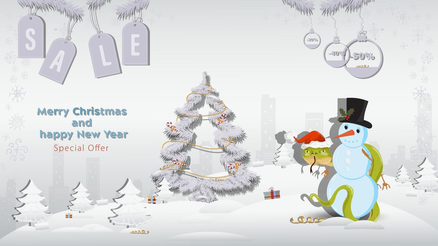 Special Offer Christmas and New Years Sale A snake in a Santa Claus hat wraps around a snowman next to a fir tree in a winter snowy forest vector