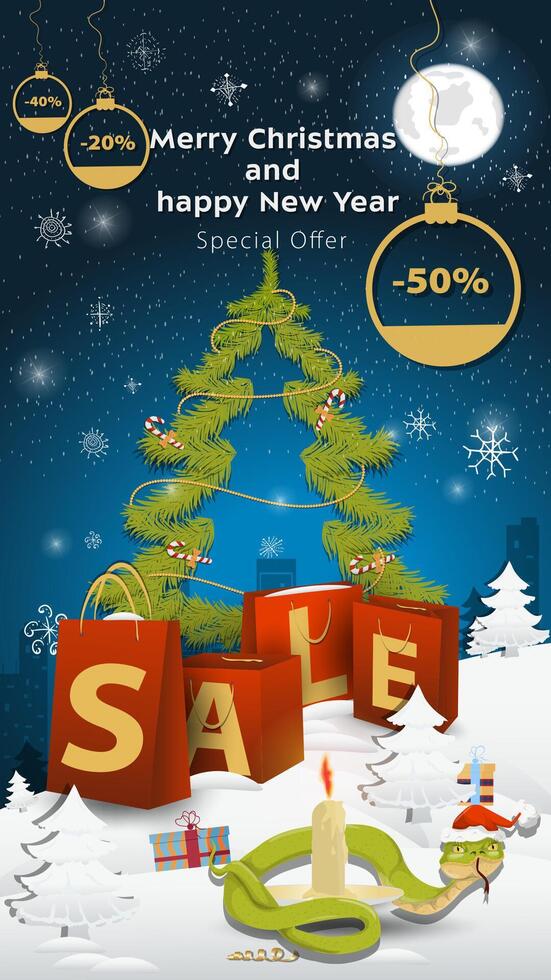 Special offer Sale inscription in the form of large packages standing in a snowy clearing A snake in a Santa Claus hat wraps around a candle vector
