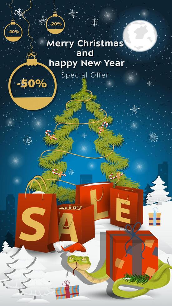 Special offer Sale inscription in the form of large packages standing in a snowy clearing A snake wraps around a gift box vector
