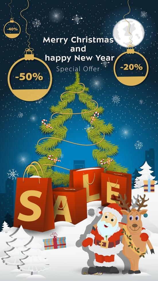 Special offer Sale inscription in the form of large packages standing in a snowy clearing Santa Claus and a deer hugging vector