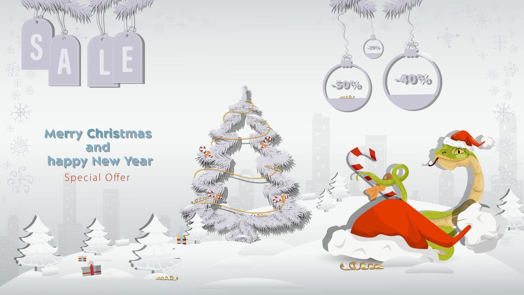 Special Offer Christmas and New Years Sale a snake hiding behind a big Santa Claus hat next to a fir tree in a winter snowy forest vector