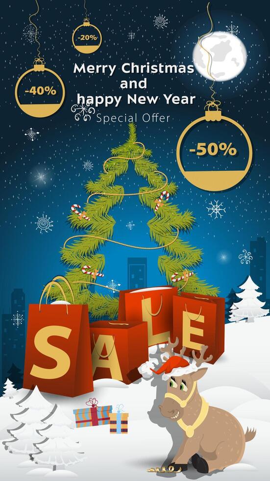 Special offer Sale inscription in the form of large packages standing in a snowy clearing A deer in a Santa Claus hat vector